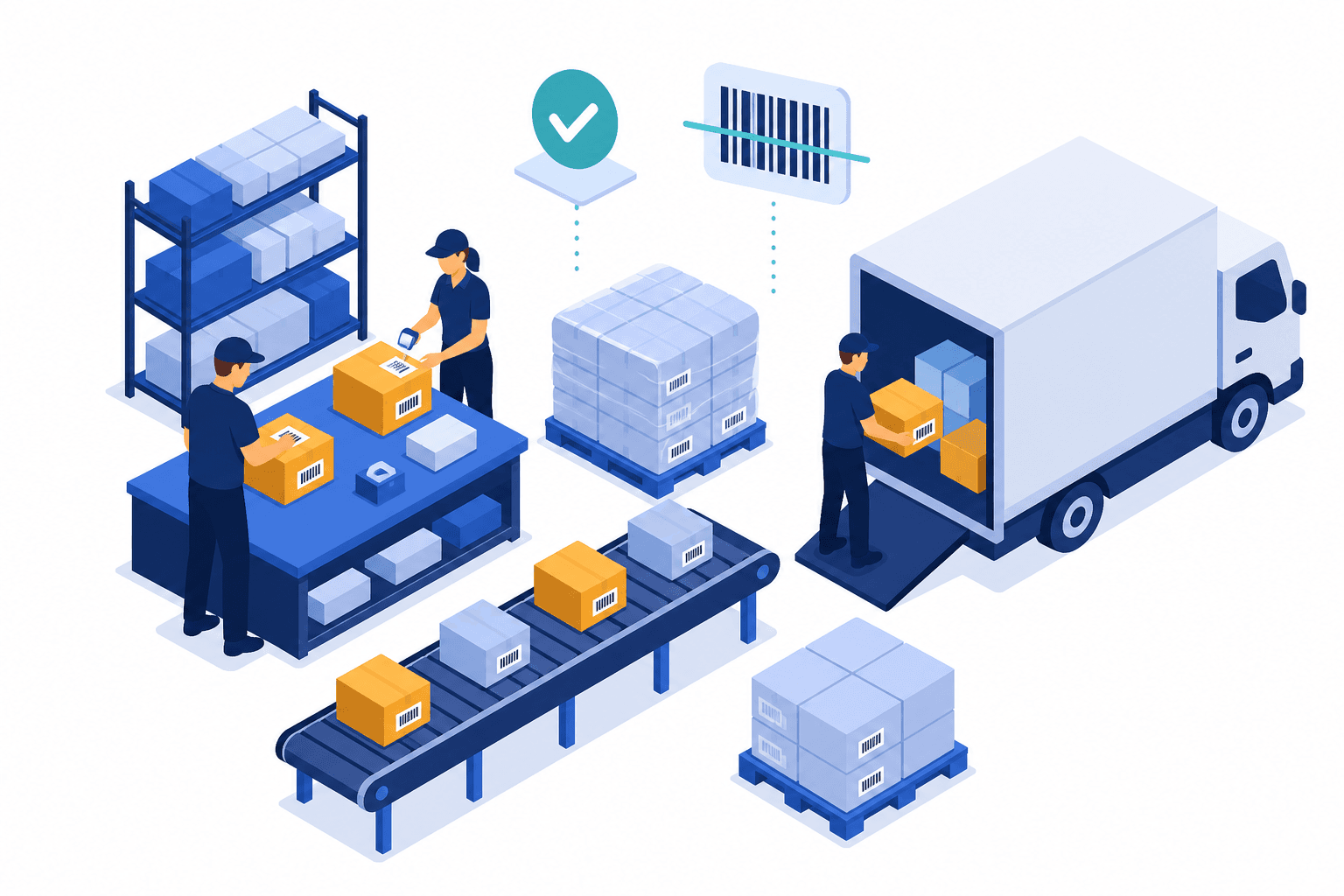Illustration of the Coastline Fulfillment prep floor: workers labeling boxes, a conveyor of scanned inventory, shrink-wrapped pallets, and a truck being loaded for Amazon