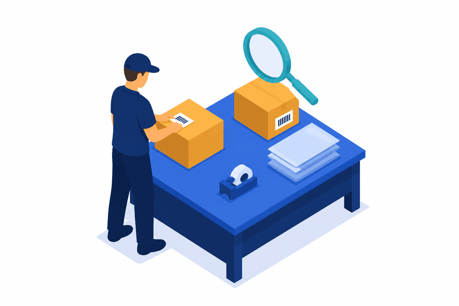 Illustration of a worker applying an FNSKU label while inventory is inspected