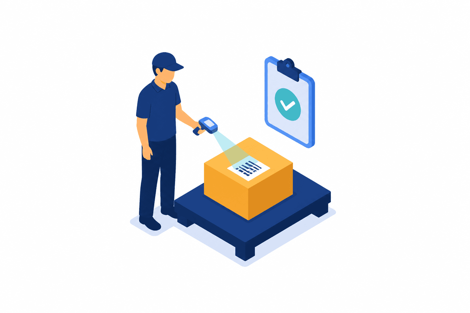 Illustration of a worker scanning an arriving box against a packing list
