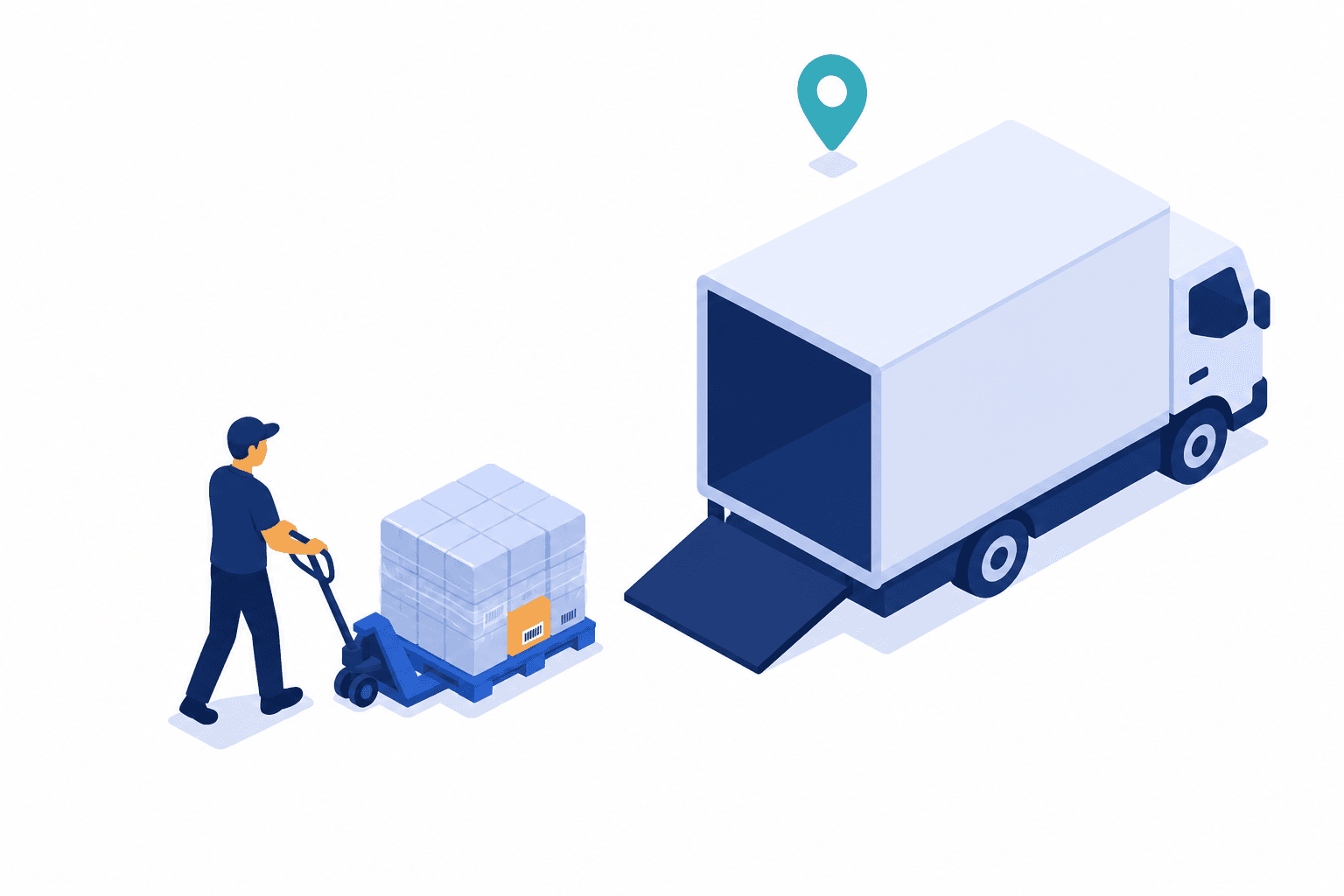 Illustration of a shrink-wrapped pallet being loaded onto a truck bound for Amazon